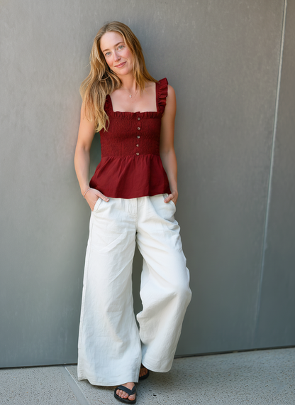 Women's Casual Deep Red Cotton-Linen Sleeveless Camisole Top Paired With White Woven Trousers MDZ1539E4LXY