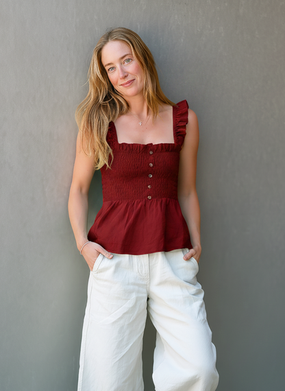 Women's Casual Deep Red Cotton-Linen Sleeveless Camisole Top Paired With White Woven Trousers MDZ1539E4LXY