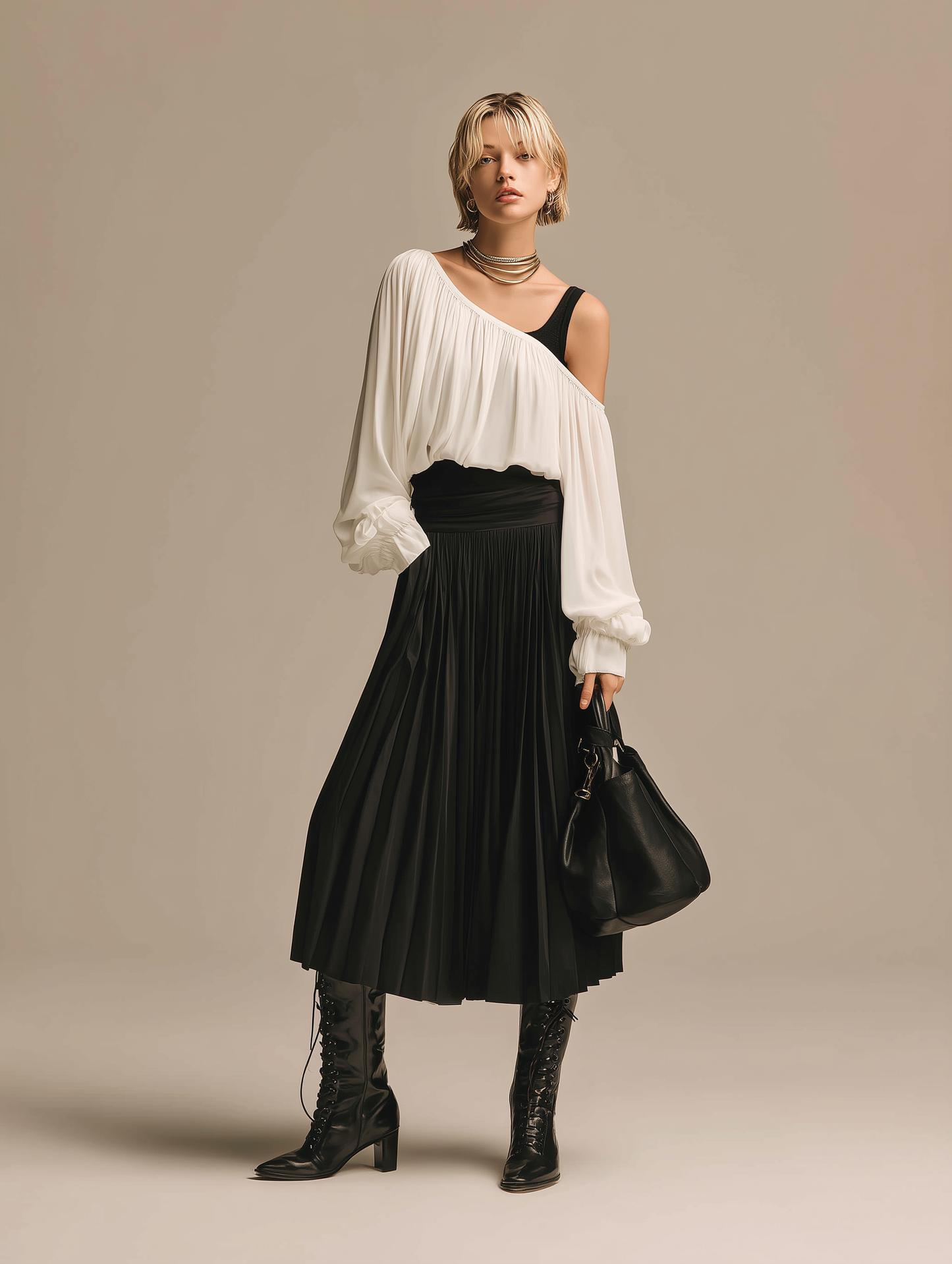 Women’s Minimalist White Chiffon Cropped Top with Asymmetrical Neckline and Long Balloon Sleeves, paired with a Black Acetate High-Waisted Pleated Midi Skirt MDZ1523E9ZJW