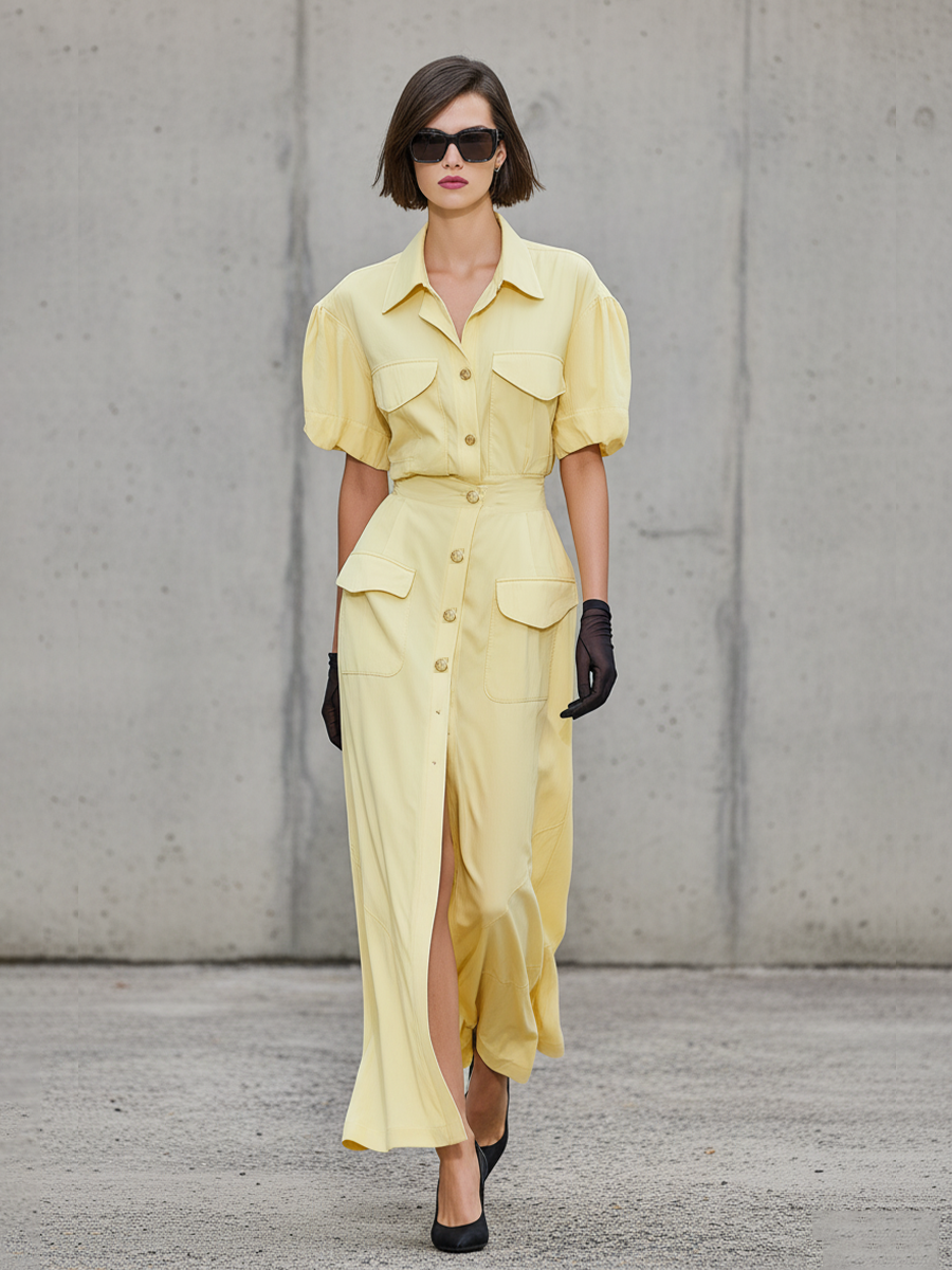 Women's Pastel Yellow Linen-Blend Shirt Dress With Puff Sleeves & Front Slit, Timeless Utility Casual Dress MDZ1813E5LYL