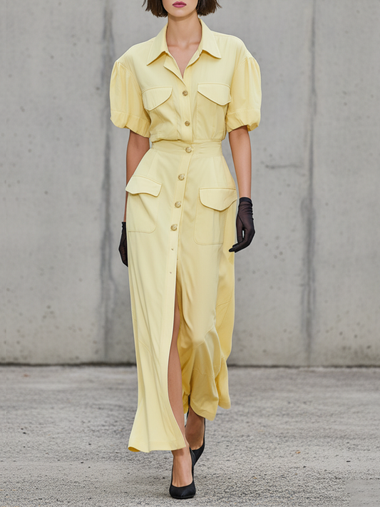 Women's Pastel Yellow Linen-Blend Shirt Dress With Puff Sleeves & Front Slit, Timeless Utility Casual Dress MDZ1813E5LYL