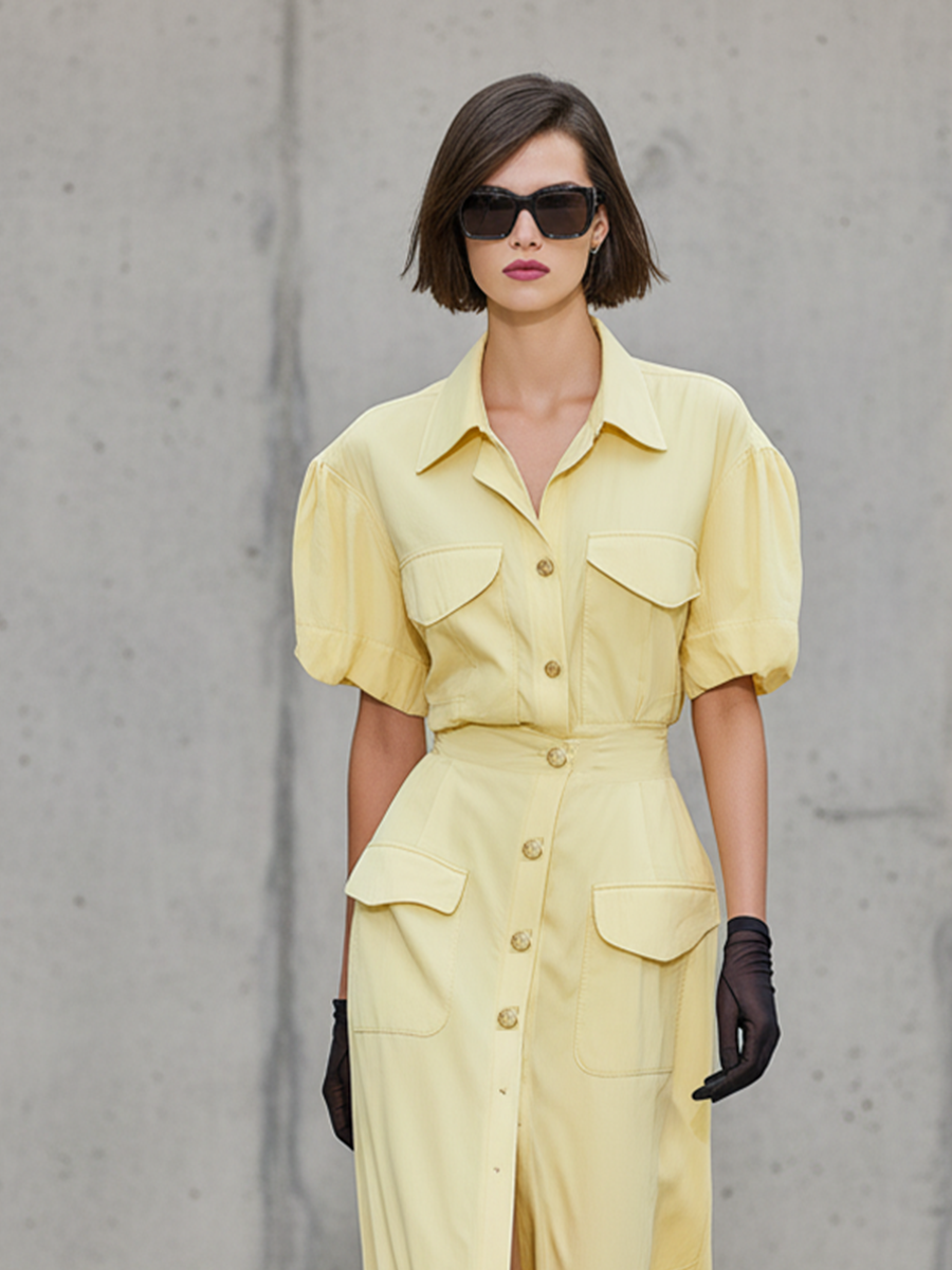 Women's Pastel Yellow Linen-Blend Shirt Dress With Puff Sleeves & Front Slit, Timeless Utility Casual Dress MDZ1813E5LYL