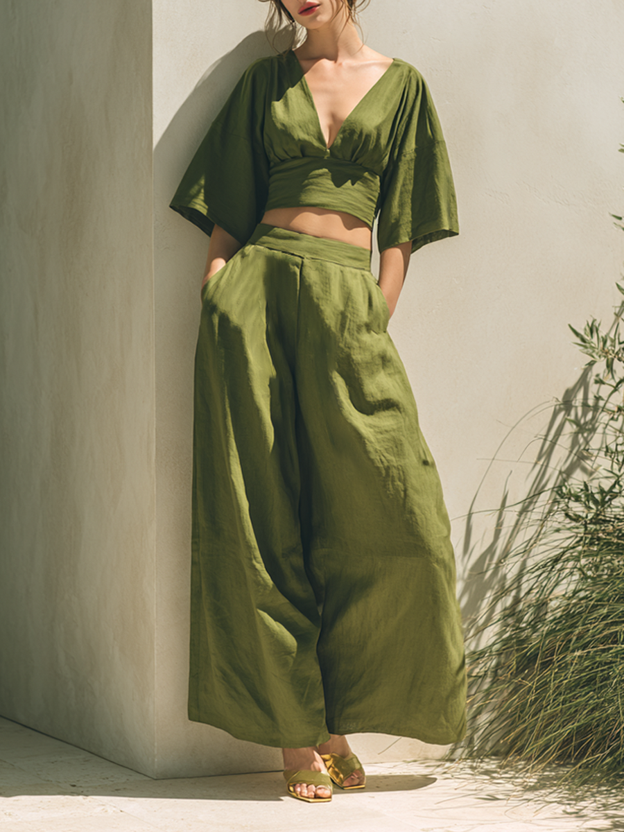 Women's Minimalist Cotton-Linen Blend Cropped Top & Wide-Leg Pants Set MDZ1935E9ZRK