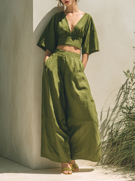 Women's Minimalist Cotton-Linen Blend Cropped Top & Wide-Leg Pants Set MDZ1935E9ZRK