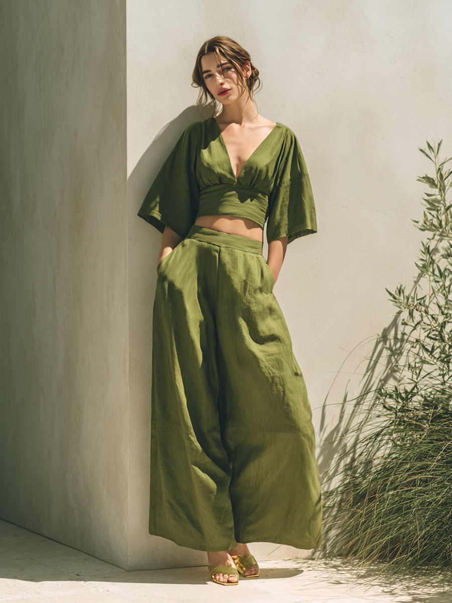 Women's Minimalist Cotton-Linen Blend Cropped Top & Wide-Leg Pants Set MDZ1935E9ZRK