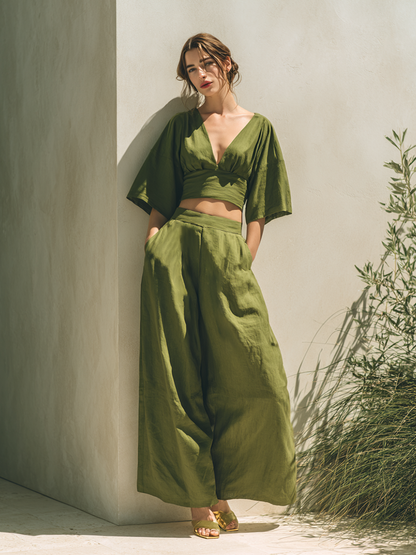 Women's Minimalist Cotton-Linen Blend Cropped Top & Wide-Leg Pants Set MDZ1935E9ZRK