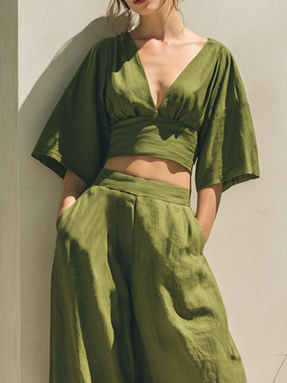 Women's Minimalist Cotton-Linen Blend Cropped Top & Wide-Leg Pants Set MDZ1935E9ZRK