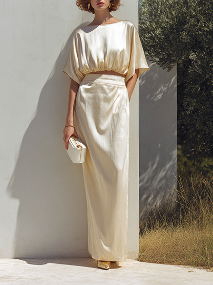 Women's Minimalist Satin-Texture Batwing Crop Top & Maxi Skirt Set MDZ1947E9ZRK