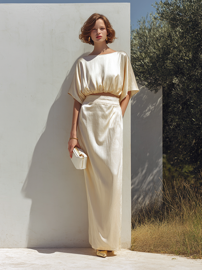 Women's Minimalist Satin-Texture Batwing Crop Top & Maxi Skirt Set MDZ1947E9ZRK