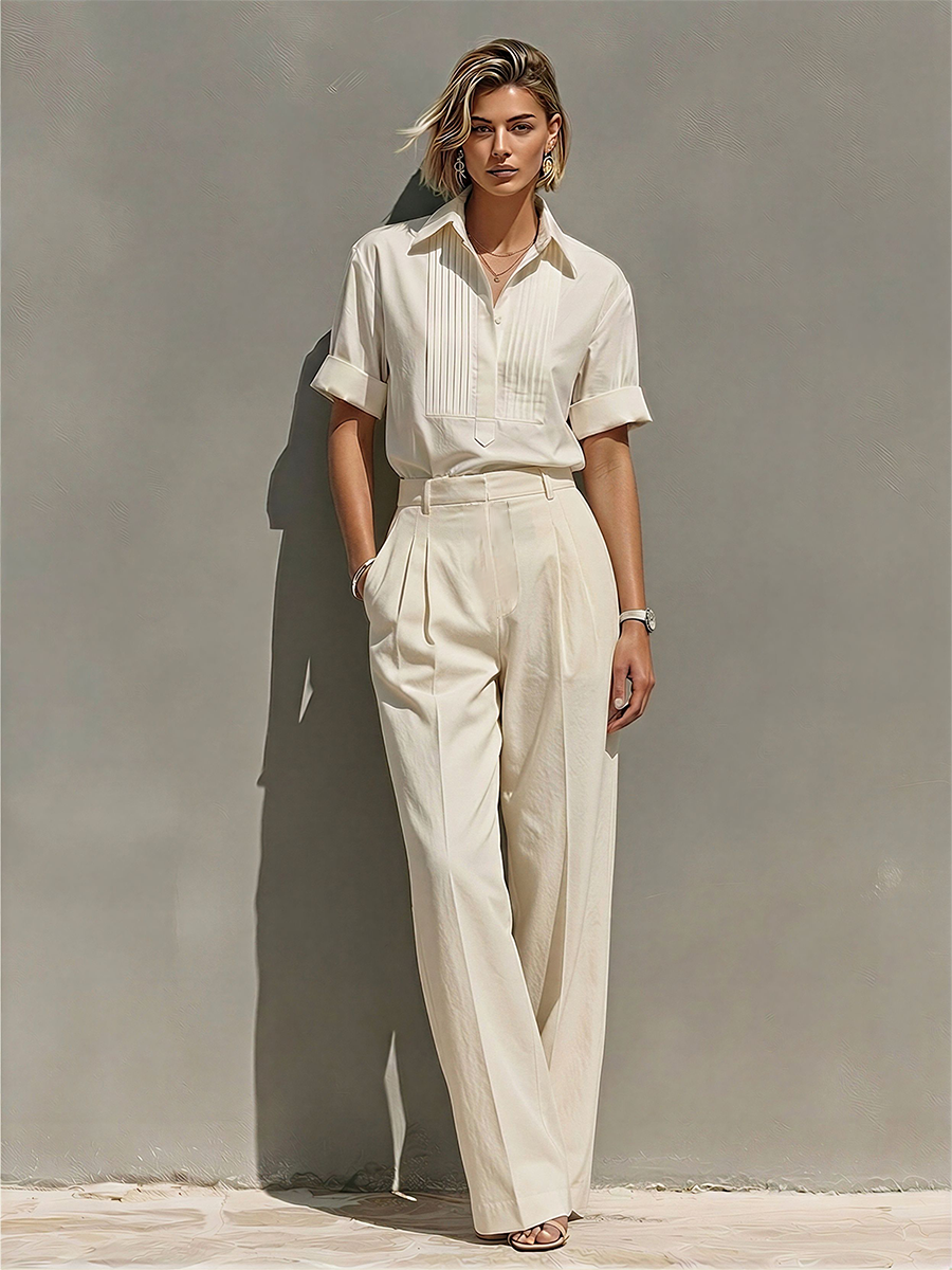 Women's Cream Cotton-Blend Two-Piece Suit With Pleated Blouse & Straight-Leg Pants, Timeless Minimalist Workwear Outfit MDZ1942E7LYL
