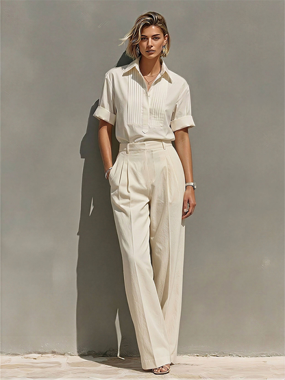Women's Cream Cotton-Blend Two-Piece Suit With Pleated Blouse & Straight-Leg Pants, Timeless Minimalist Workwear Outfit MDZ1942E7LYL