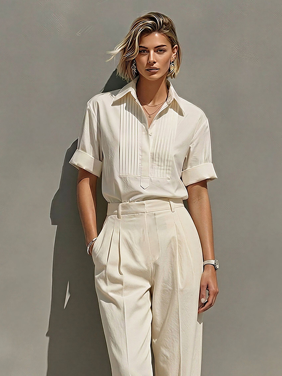 Women's Cream Cotton-Blend Two-Piece Suit With Pleated Blouse & Straight-Leg Pants, Timeless Minimalist Workwear Outfit MDZ1942E7LYL