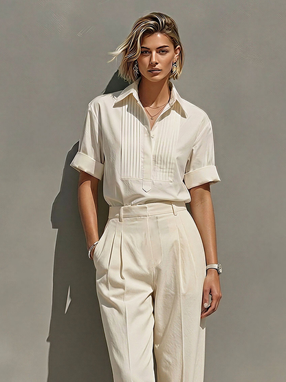 Women's Cream Cotton-Blend Two-Piece Suit With Pleated Blouse & Straight-Leg Pants, Timeless Minimalist Workwear Outfit MDZ1942E7LYL