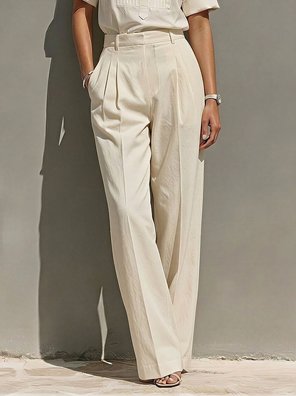 Women's Cream Cotton-Blend Two-Piece Suit With Pleated Blouse & Straight-Leg Pants, Timeless Minimalist Workwear Outfit MDZ1942E7LYL