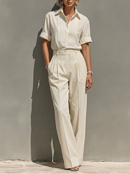 Women's Cream Cotton-Blend Two-Piece Suit With Pleated Blouse & Straight-Leg Pants, Timeless Minimalist Workwear Outfit MDZ1942E7LYL