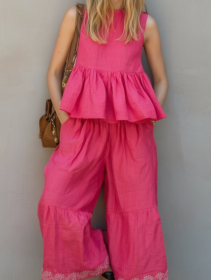 Women's Casual Rose-Pink Cotton-Linen Sleeveless Crew-Neck Top Paired With Embroidered Trousers MDZ1900E2LXY