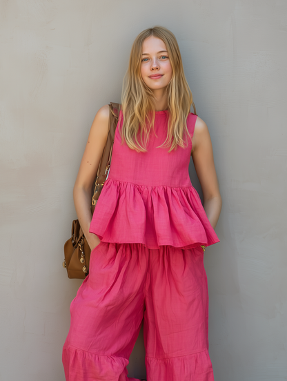 Women's Casual Rose-Pink Cotton-Linen Sleeveless Crew-Neck Top Paired With Embroidered Trousers MDZ1900E2LXY