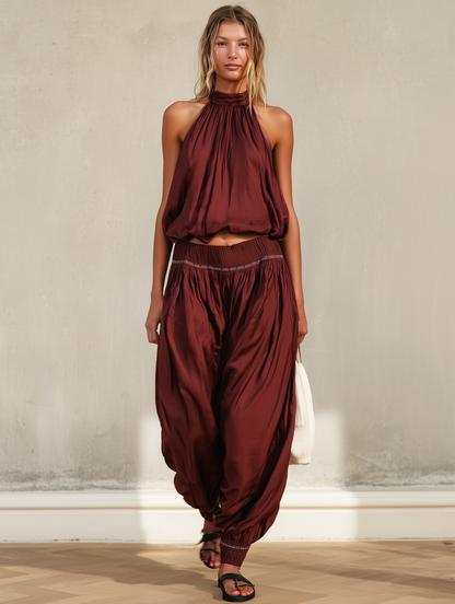 Women's Casual Deep Red Satin Sleeveless Halter Top With Trousers MDZ1945E1LXY