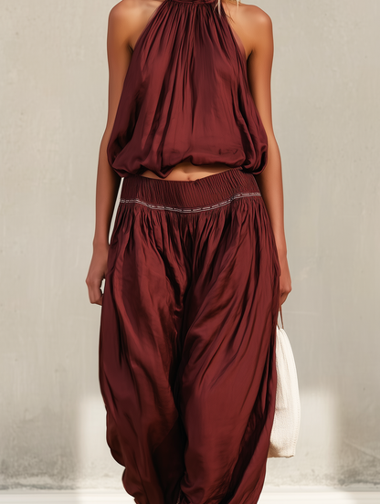 Women's Casual Deep Red Satin Sleeveless Halter Top With Trousers MDZ1945E1LXY