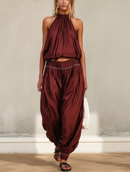 Women's Casual Deep Red Satin Sleeveless Halter Top With Trousers MDZ1945E1LXY