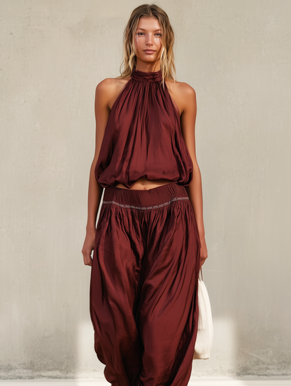 Women's Casual Deep Red Satin Sleeveless Halter Top With Trousers MDZ1945E1LXY