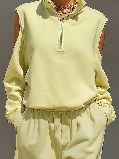 Women’s Lime Green Cold-Shoulder Half-Zip Sweatshirt & Shorts Two-Piece Set MDZ1928E8T