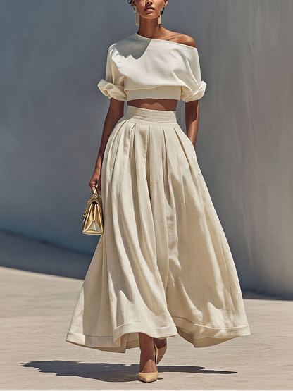 Women’s White Off-Shoulder Crop Top & Beige Pleated Maxi Skirt Two-Piece Set MDZ1965E1T