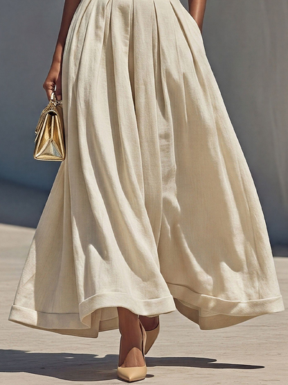 Women’s White Off-Shoulder Crop Top & Beige Pleated Maxi Skirt Two-Piece Set MDZ1965E1T