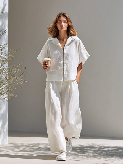 Women's Minimalist Cotton-Linen Blend Hooded Zip-Up Top & Wide-Leg Pants Set MDZ2046E6ZRK