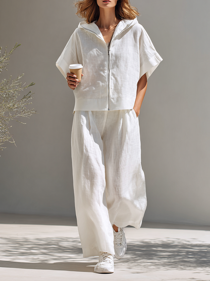 Women's Minimalist Cotton-Linen Blend Hooded Zip-Up Top & Wide-Leg Pants Set MDZ2046E6ZRK