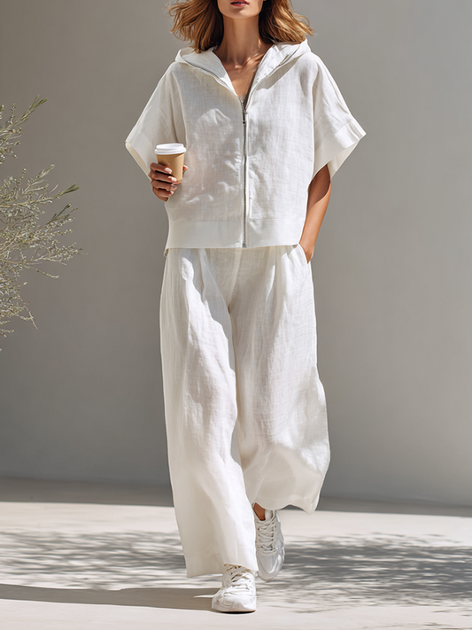 Women's Minimalist Cotton-Linen Blend Hooded Zip-Up Top & Wide-Leg Pants Set MDZ2046E6ZRK