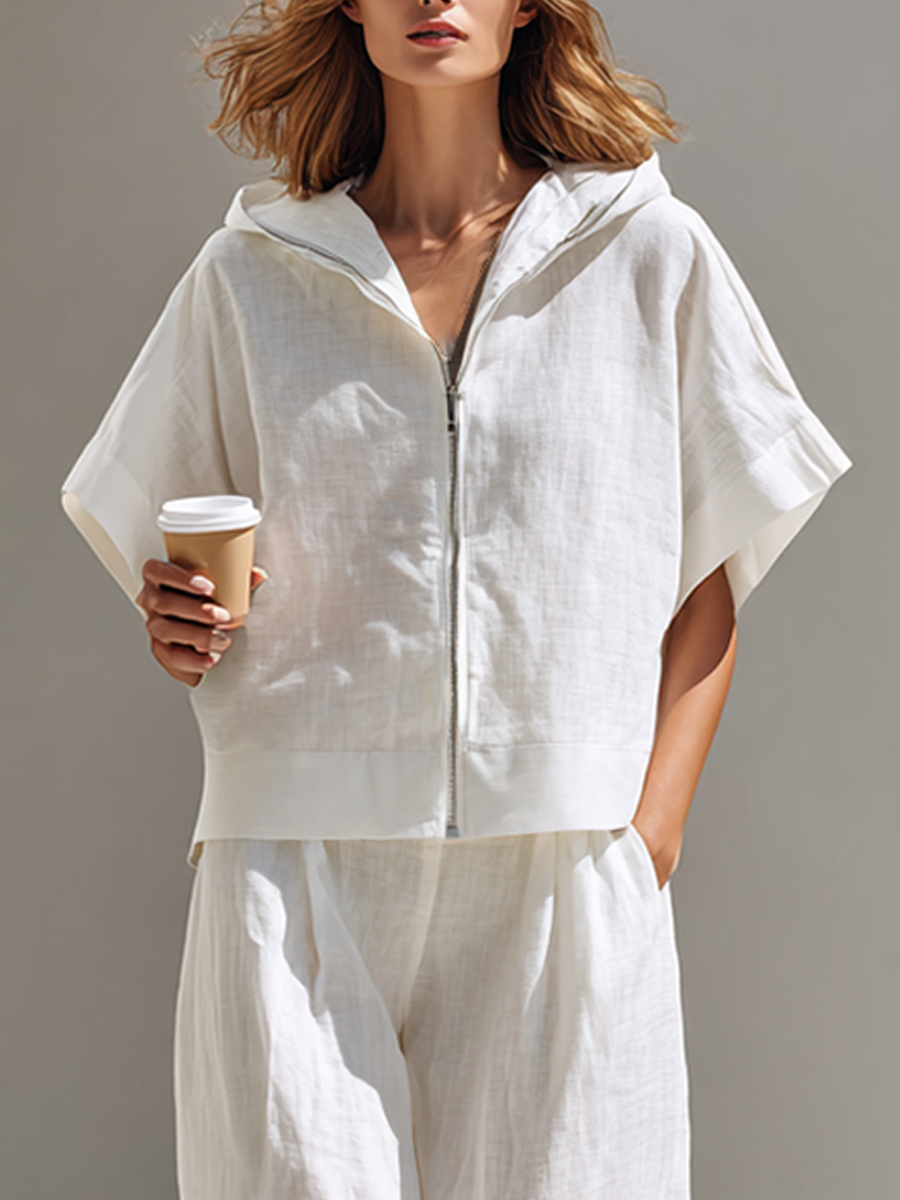 Women's Minimalist Cotton-Linen Blend Hooded Zip-Up Top & Wide-Leg Pants Set MDZ2046E6ZRK