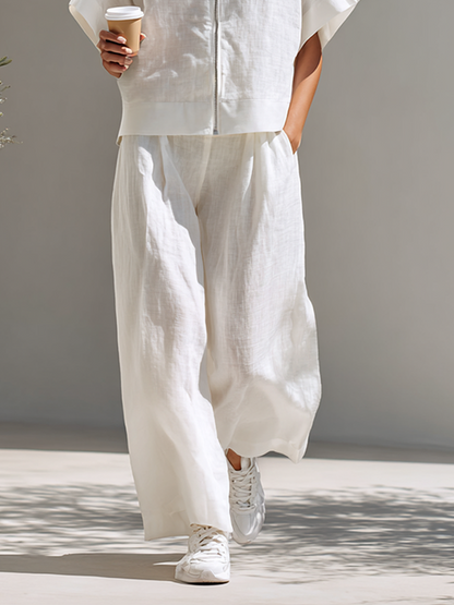 Women's Minimalist Cotton-Linen Blend Hooded Zip-Up Top & Wide-Leg Pants Set MDZ2046E6ZRK