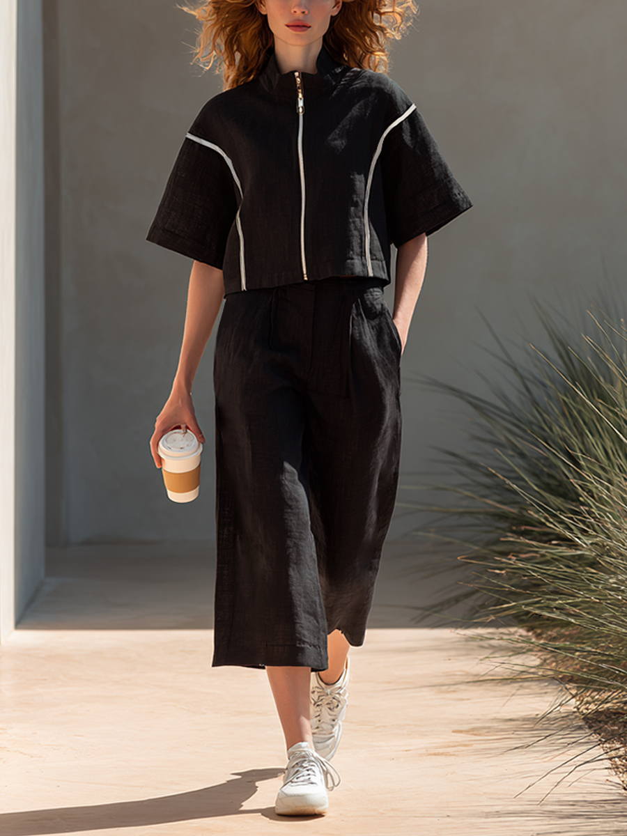 Women's Minimalist Cotton-Linen Blend Zip-Up Top & Cropped Wide-Leg Pants Set MDZ2005E4ZRK