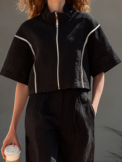Women's Minimalist Cotton-Linen Blend Zip-Up Top & Cropped Wide-Leg Pants Set MDZ2005E4ZRK