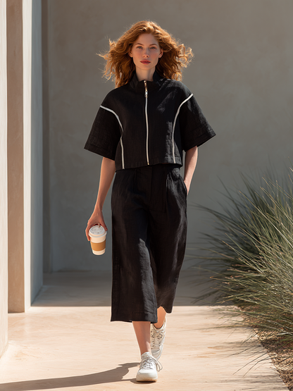 Women's Minimalist Cotton-Linen Blend Zip-Up Top & Cropped Wide-Leg Pants Set MDZ2005E4ZRK