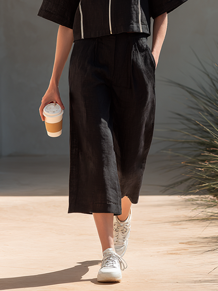 Women's Minimalist Cotton-Linen Blend Zip-Up Top & Cropped Wide-Leg Pants Set MDZ2005E4ZRK