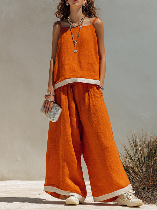Women's Simple Cotton-Linen Blend Cami Top And Wide-Leg Pants Set MDZ2060E5ZRK