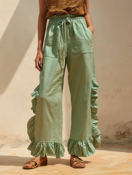 Women’s Sage Green Drawstring Waist Ruffled Wide-Leg Pants With Side Pockets MDZ2006E0T