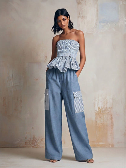 Women’s Blue & White Striped Strapless Peplum Top & Wide-Leg Cargo Pants Two-Piece Set MDZ2036E8T