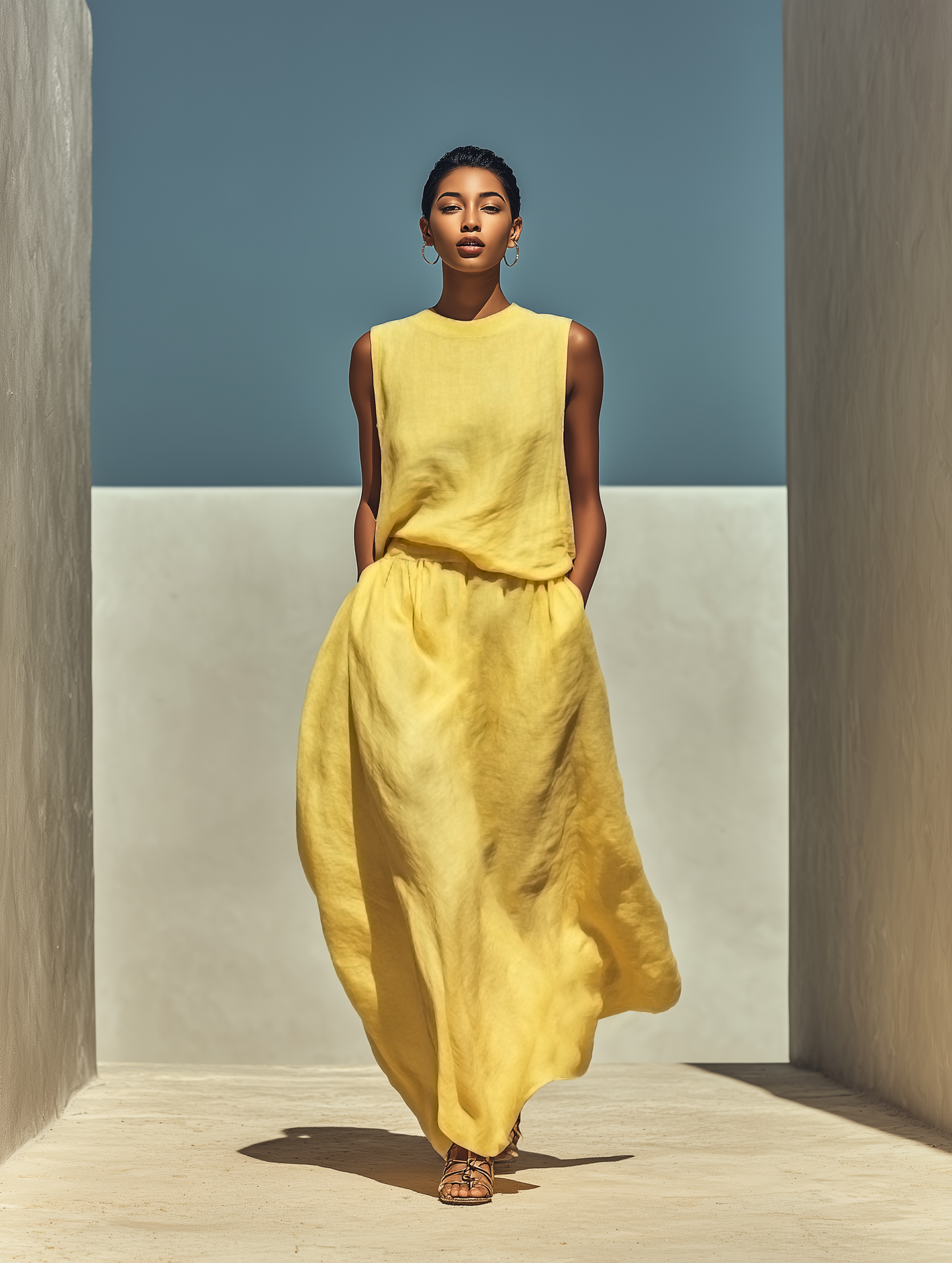 Women’s Yellow Linen-Blend Sleeveless Top & Maxi Skirt Two-Piece Set MDZ2065E3T