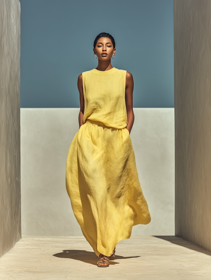 Women’s Yellow Linen-Blend Sleeveless Top & Maxi Skirt Two-Piece Set MDZ2065E3T