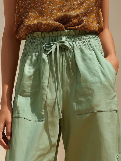 Women’s Sage Green Drawstring Waist Ruffled Wide-Leg Pants With Side Pockets MDZ2006E0T