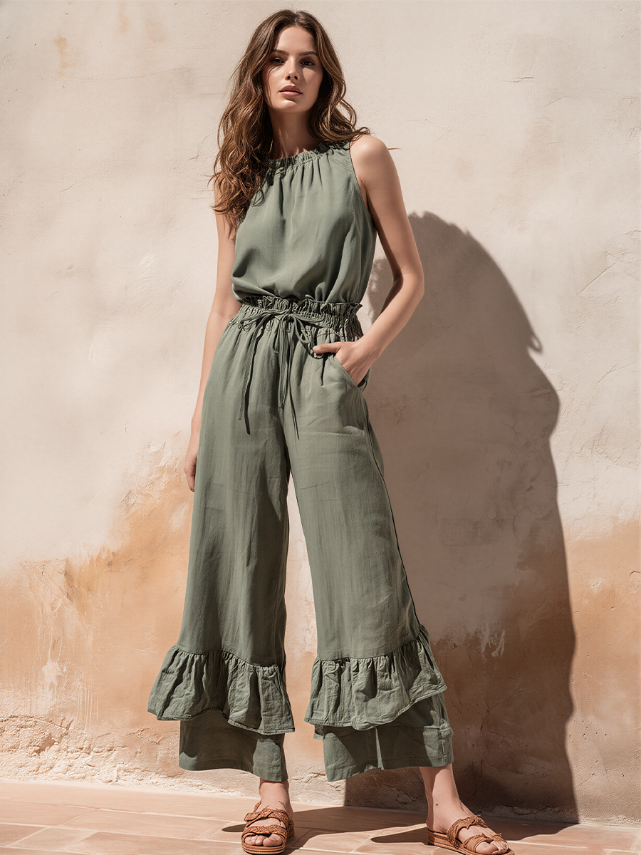 Women’s Sage Green Linen-Blend Sleeveless Top And Pants With Ruffled Neckline & Hem MDZ2093E1T