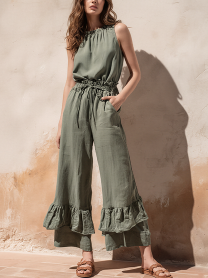 Women’s Sage Green Linen-Blend Sleeveless Top And Pants With Ruffled Neckline & Hem MDZ2093E1T