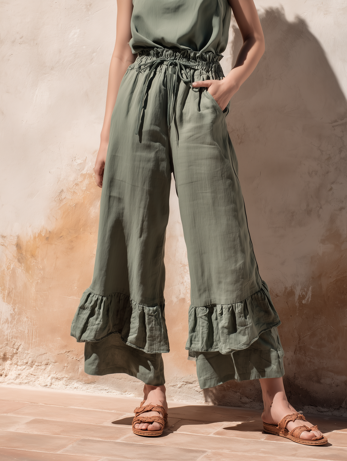 Women’s Sage Green Linen-Blend Sleeveless Top And Pants With Ruffled Neckline & Hem MDZ2093E1T