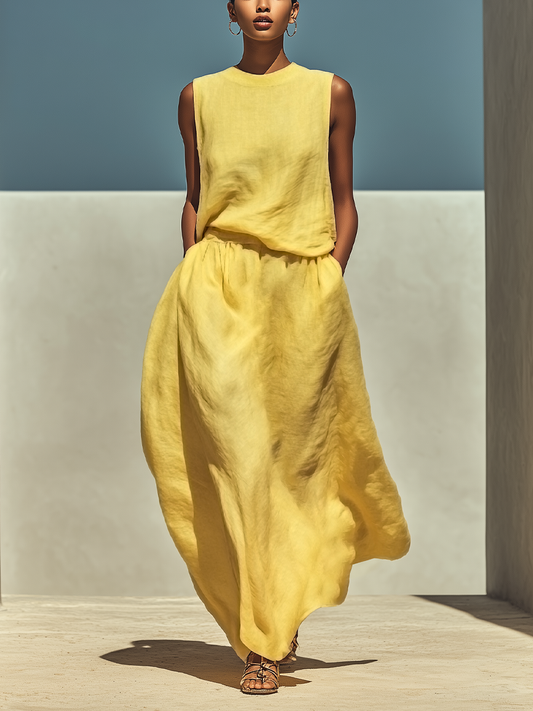 Women’s Yellow Linen-Blend Sleeveless Top & Maxi Skirt Two-Piece Set MDZ2065E3T