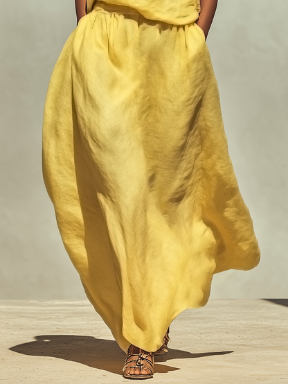 Women’s Yellow Linen-Blend Sleeveless Top & Maxi Skirt Two-Piece Set MDZ2065E3T