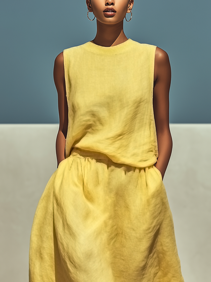 Women’s Yellow Linen-Blend Sleeveless Top & Maxi Skirt Two-Piece Set MDZ2065E3T