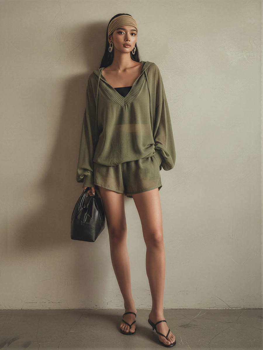 Women's Olive Green Sheer Knit Co-Ord With Oversized Hooded Blouse & Elastic Waist Shorts, Modern Effortless-Chic Summer Outfit MDZ2066E5LYL